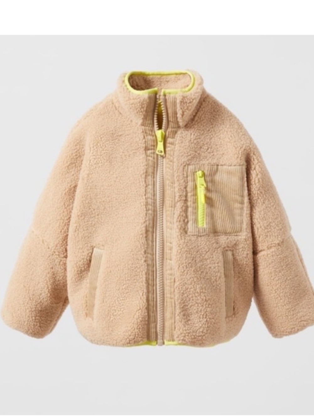 Zara Kids' Teddy Fleece Jacket in Beige with Neon Trim - size 10